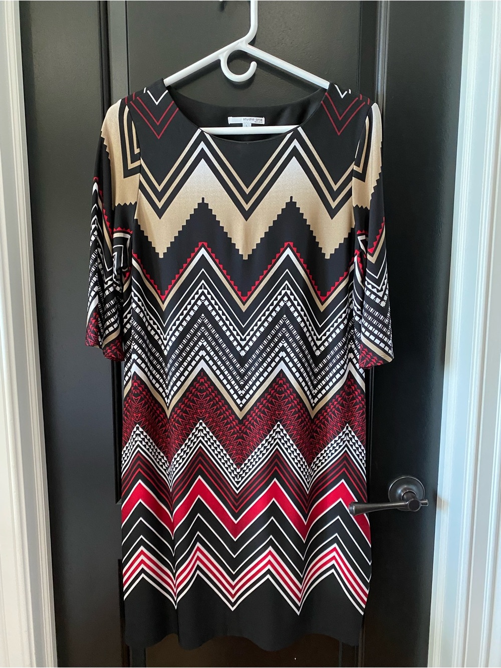 Studio One New York Chevron Dress in Black, Red, Tan, & White